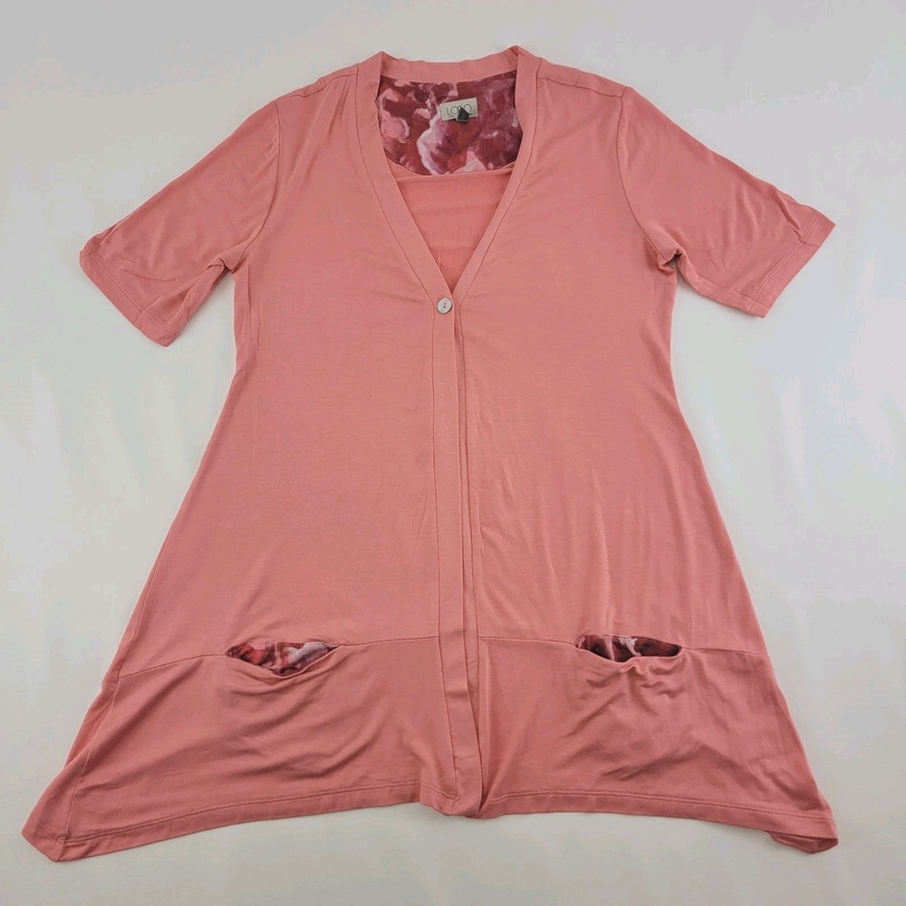 LOGO Lori Goldstein A263264 XS Cardigan‎ Coral Pink Short Sleeve 1 Button Pocket